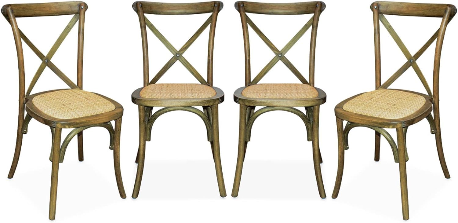 sweeek - Lot de 4 chaises de bistrot en Bois d'hévéa Marron Vieilli. Vintage. Assise en rotin. empilables