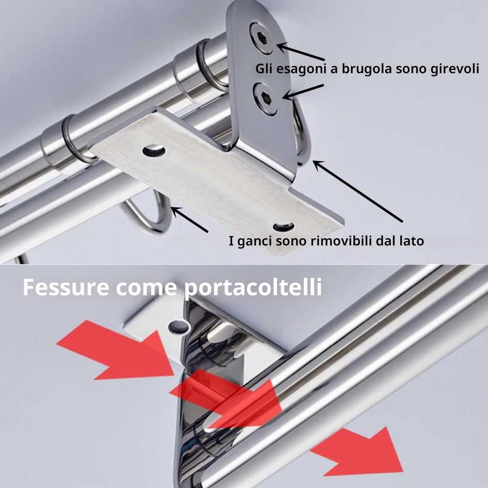 Appendiabiti da cucina, 12 ganci con adesivi magici, senza foratura, doppio tubo in acciaio inox, lunghezza estensibile da 40 cm a 72,4 cm (12 ganci)