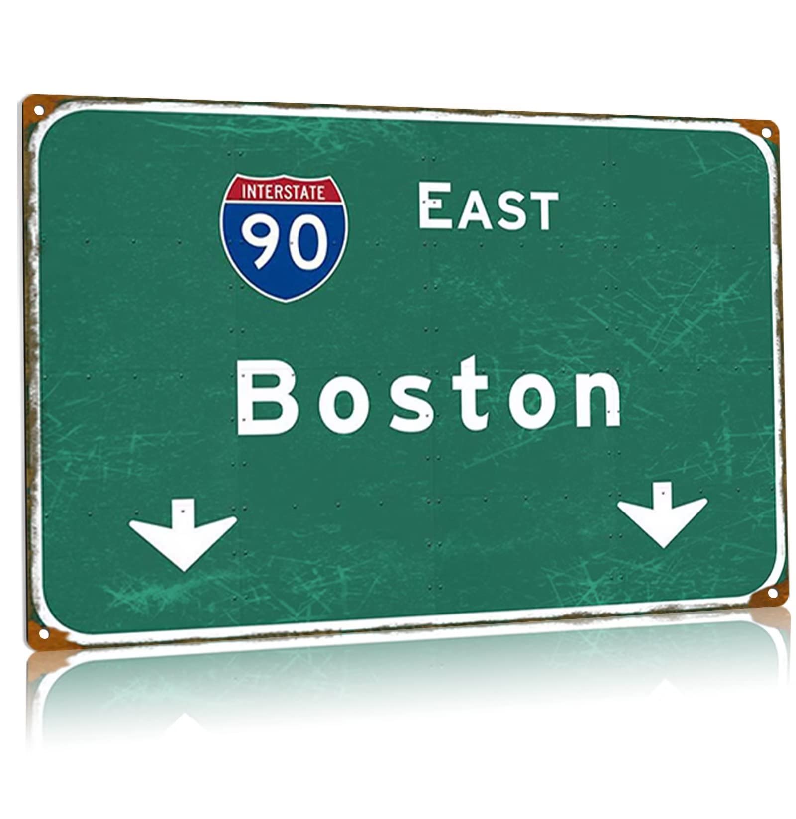 Vintage Interstate 90 Metal Pewter Signs East Boston Directional Road Sign Highway Sign Plaque Garage Club Cave Office Wall Decor 12x18 Inches