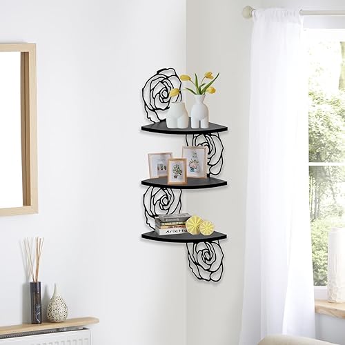 STAHMFOVER Estantes de esquina flotantes, estantes de esquina de 3 niveles montados en la pared, estante de esquina de almacenamiento moderno de
