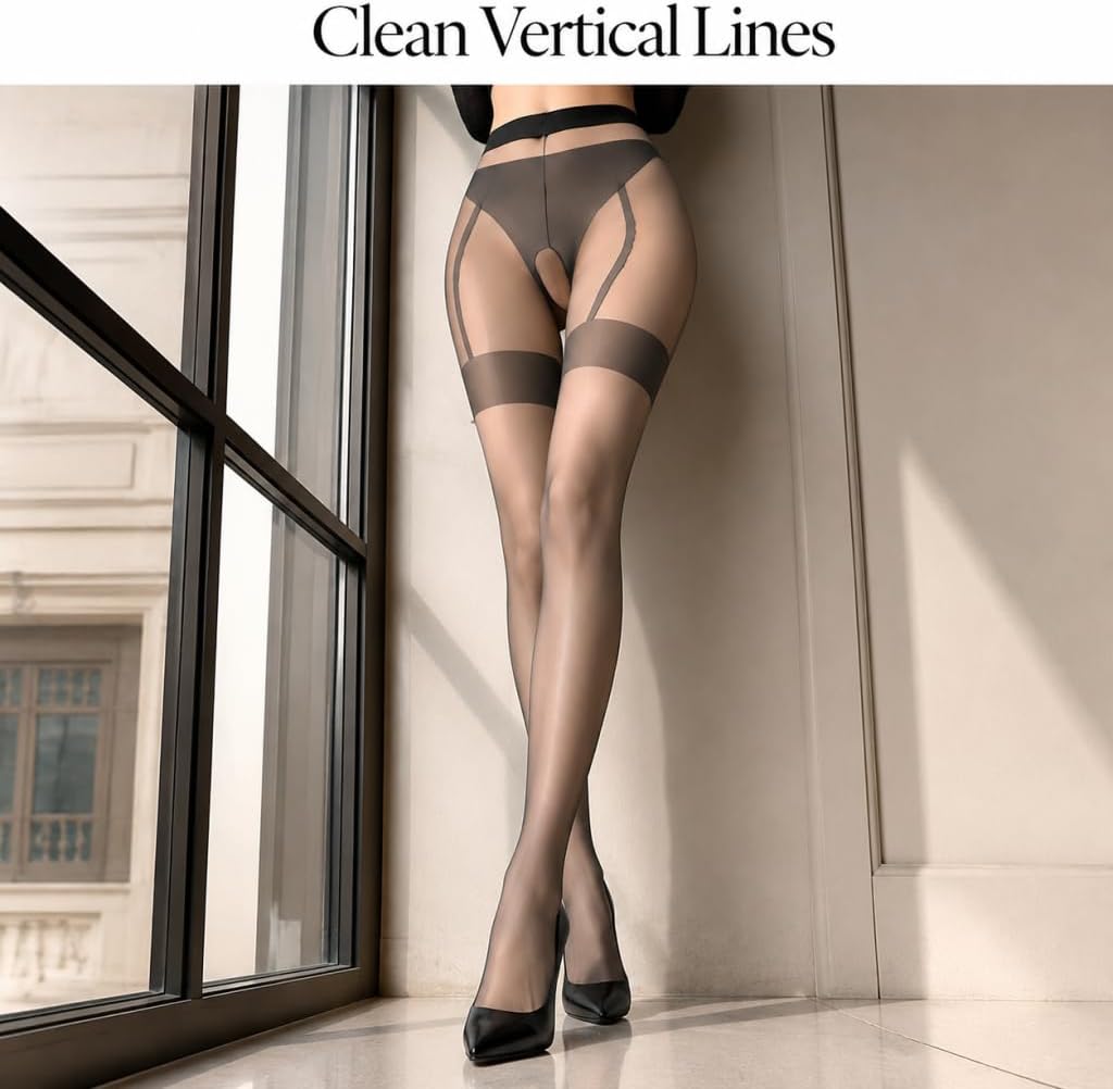 Womens Suspender Tights- Faux Thigh High open cut Stockings, Suspender Pantyhose Silky Lace Tights