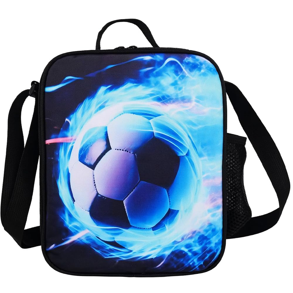 Rppiup Football Lunch Box, Insulated Lunch Bag for Kids Boys Girls with Water Bottle Holder, Washable Reusable Tote or Crossbody 3D Football Lunchbox, for School Hiking Picnic Travel Camping(Blue)