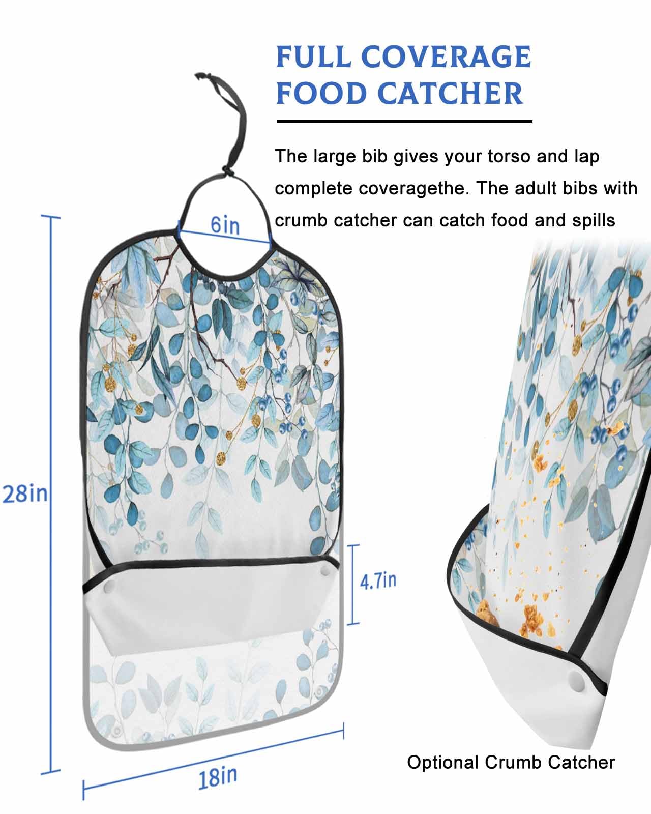 LEOKOTI Blue Botanical Adult Bibs for Eating, Waterproof Bibs with Food Catcher & Adjustable Snap Closure, Vintage Spring Floral Summer Flowers Washable Clothing Protectors Adult Bibs for Elderly
