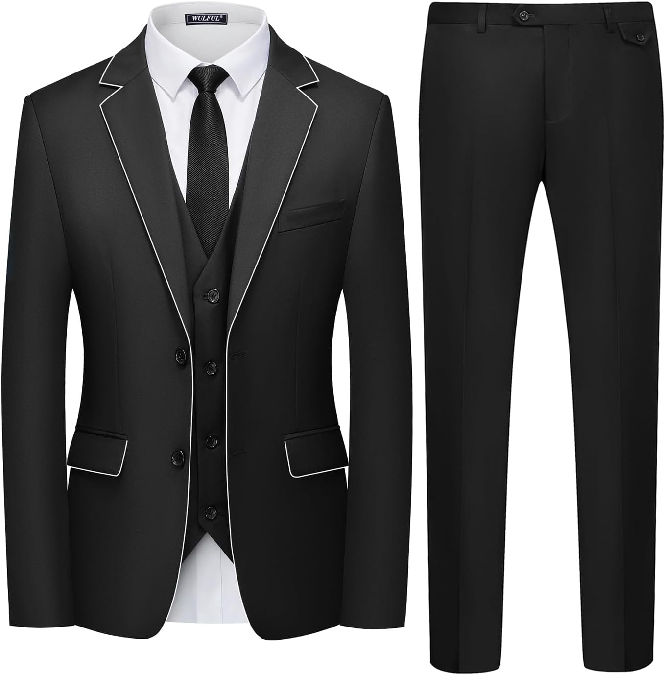 WULFUL Men's 3 Piece Slim Fit Suit Set Two Button Blazer Jacket Vest Pants Tuxedo Set for Party, Wedding and Business