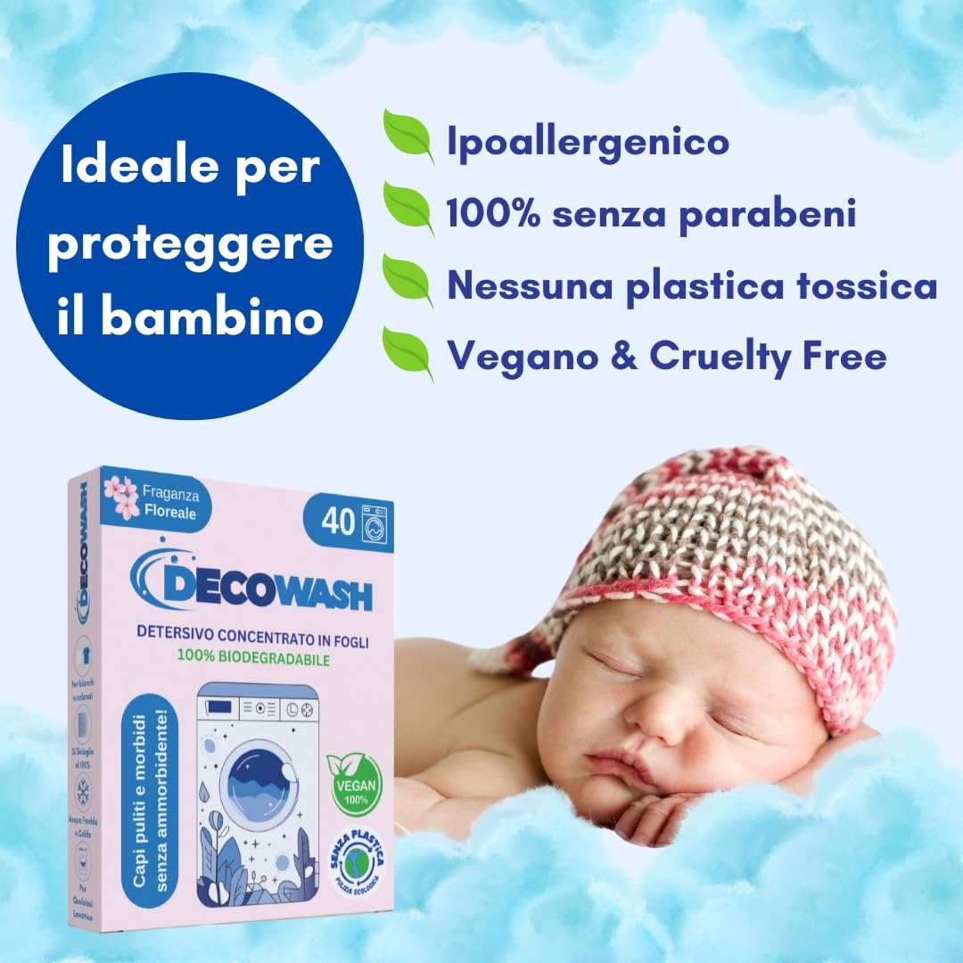 Detersivo in Fogli per Lavatrice (Fino a 400 Usi) Ecologico, Ipoallergenico, Senza Plastica, Sapone in Fogli per Bucato Pulito e Morbido, Perfetto per Viaggio, Bimbi e Pelli Sensibili (Floreale)