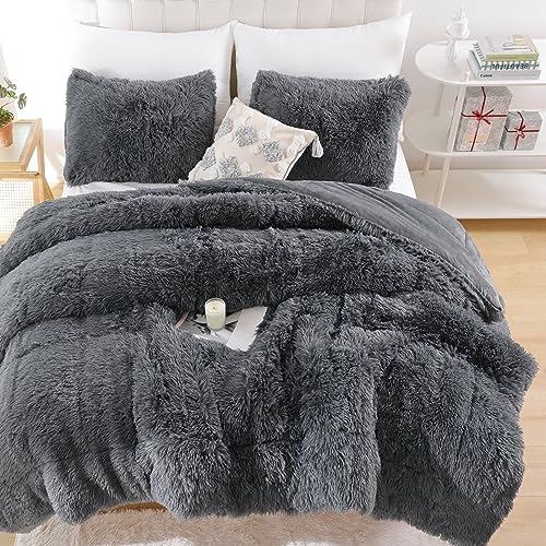 Smoofy Fluffy King Size Comforter Set, Faux Fur Comforter Set, Luxury Fuzzy King Bedding Set, Soft Shaggy Bed Set for All Season, 3 Pieces - 1 Comforter & 2 Pillowcases, Dark Grey