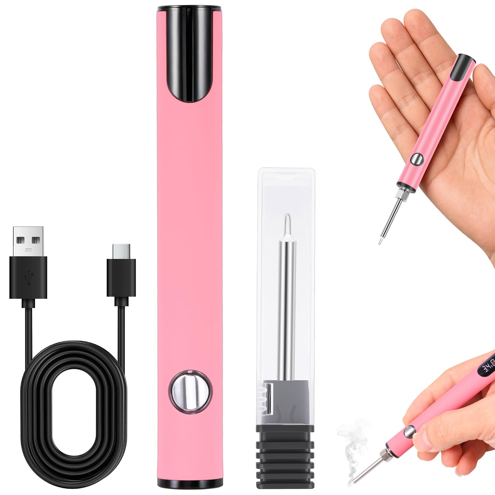 Lulobtg Pink Rechargeable Thread Burner Kit With Digital Lcd Screen, Thread Zapper Tool Burning Pen For Jewelry Making, Beading, Leather Craft & Sewing, 3 Voltage Settings & 510 Threaded Battery