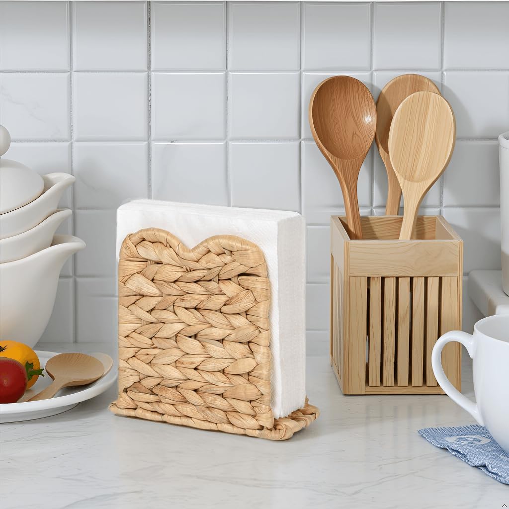 Wicker Rattan Napkin Holder for Table, Kitchen Dining, Bar, Coffee Table, Farmhouse Rustic Boho Home Decor Paper Holder, Scalloped, Water Hyacinth, Natural - Image 6