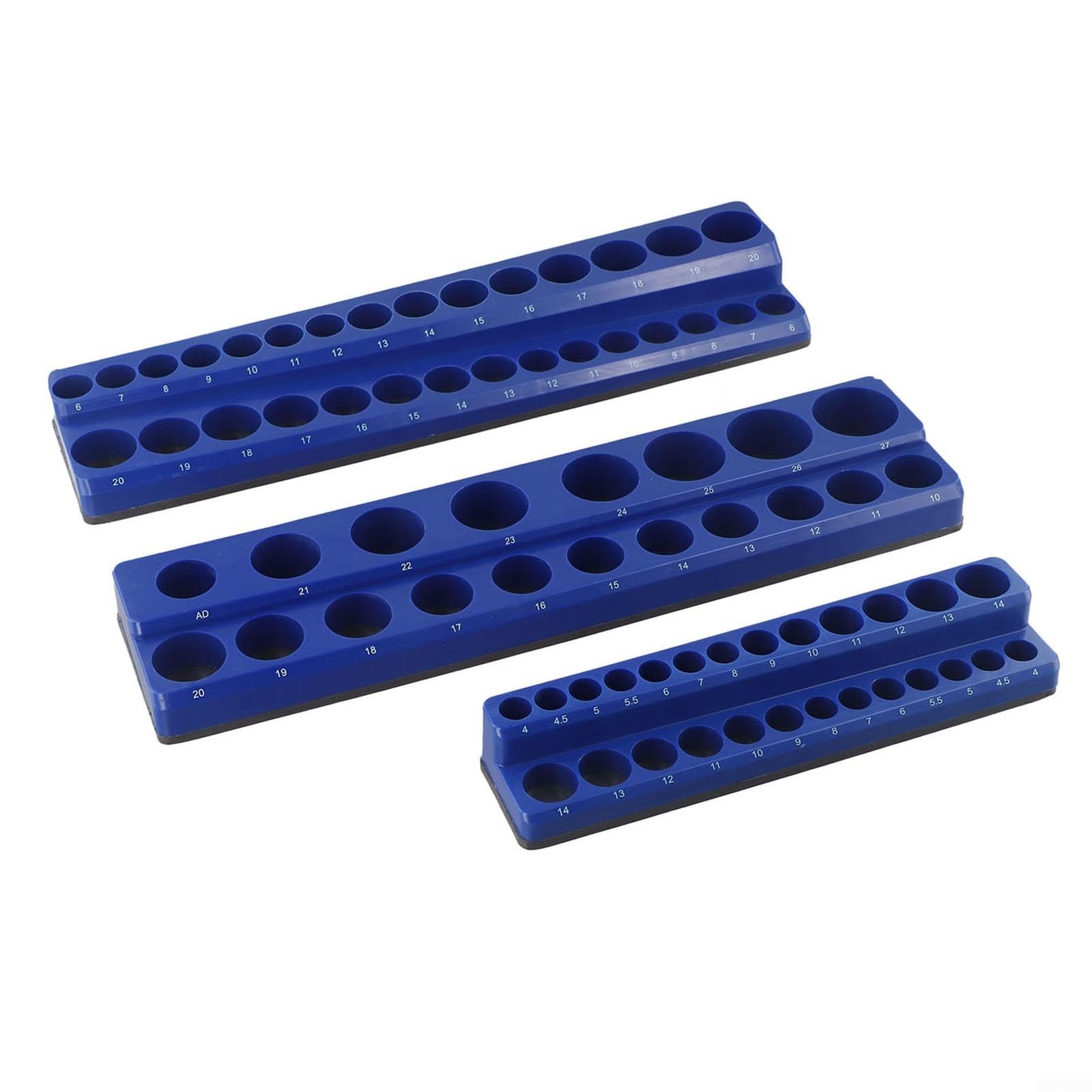 Supporto organizer per chiavi a bussola per chiavi a bussola metriche e SAE da 1/4", 3/8" e 1/2", vassoio magnetico in plastica con base antigraffio gommata, set da 3 pezzi (blu)