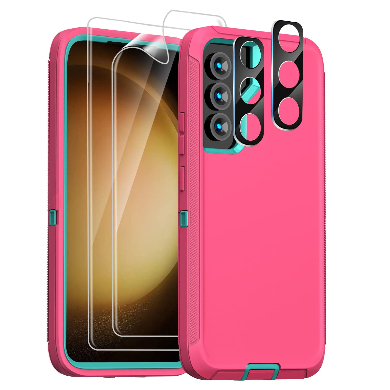 FEIYAR HOME Case for Samsung Galaxy S23 Case, with 2 Pcs[Camera Protector + Soft Screen Protector], Military Grade Heavy Duty Full Body Protection Shockproof Phone Case for Galaxy S23 5G -Pink Green