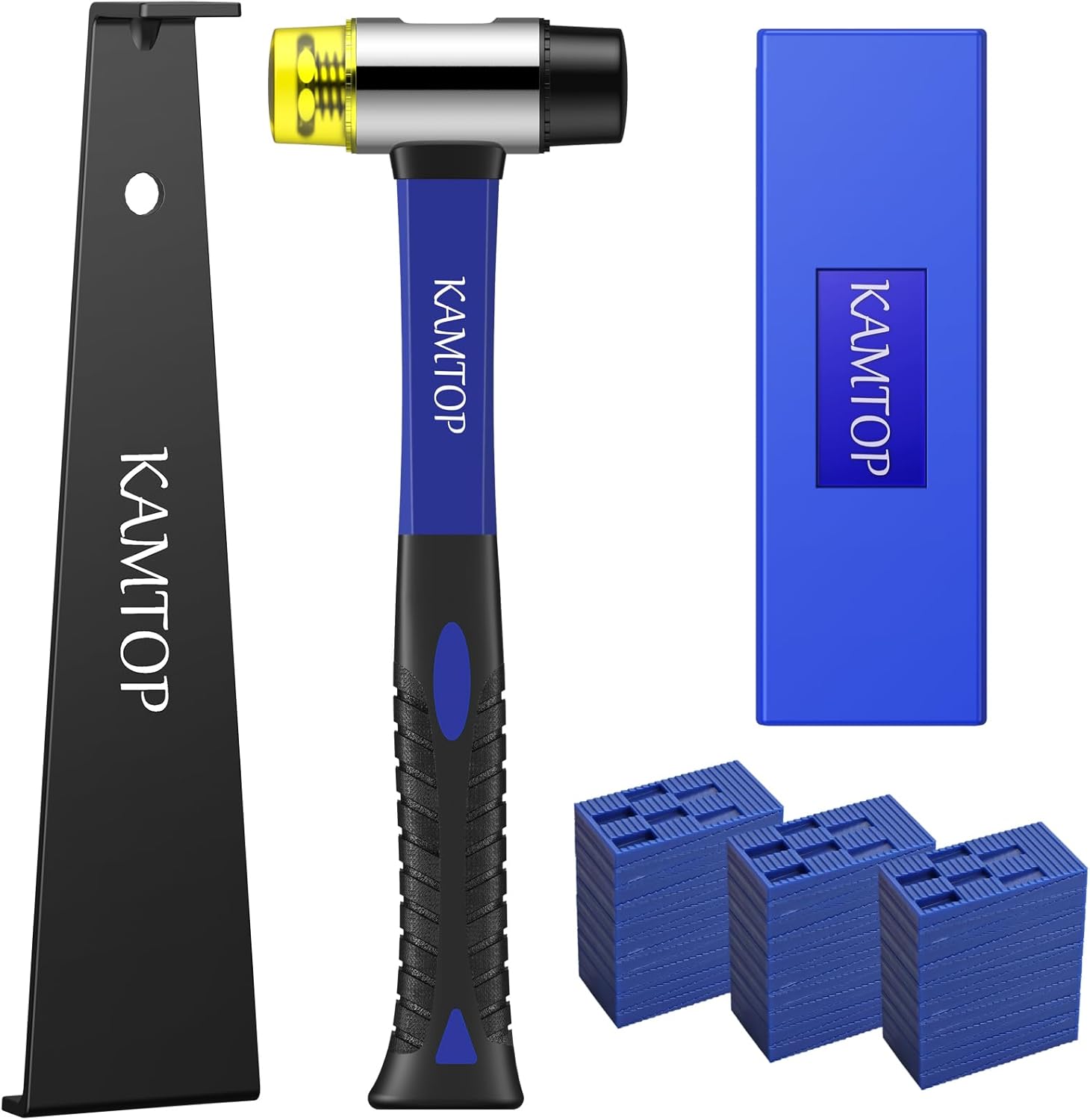 Kamtop Laminate Wood Flooring Installation Tools - 63 Pcs Laminate Flooring Repair Kit with 60 Floor Spacers, Floor Fitting Tool Double Faced Mallet, Rubber Tapping Block, Heavy Duty Pull Bar