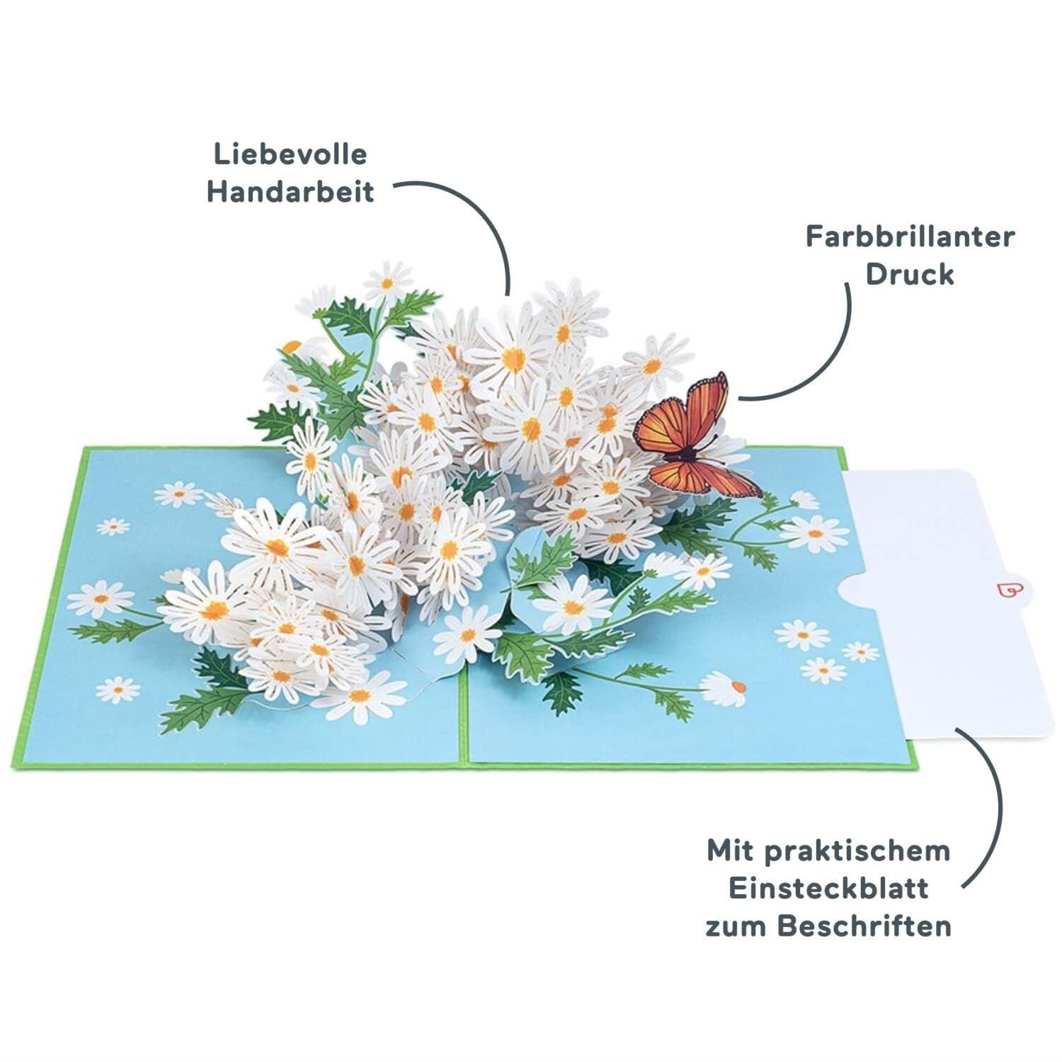 papercrush® Kartka pop up Stokrotki i motyl - Kartka urodzinowa 3D dla kobiet (mama, dziewczyna, babcia), kartka powodzenia, karta szybkiego powrotu do zdrowia, kartka z podziękowaniami lub emeryturą