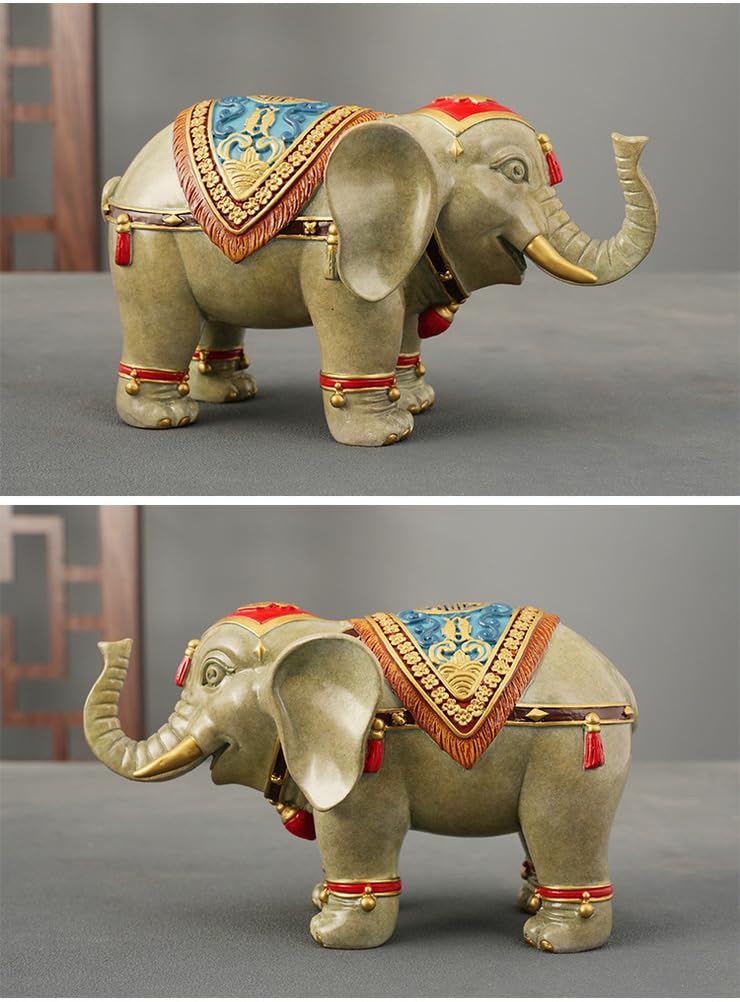Figurka Lucky Fu Elephant z mosiądzu – ręcznie malowana kolorowa chińska statua słonia Feng Shui, bogactwo i ochrona z litego mosiądzu do salonu, prezent na parapetówkę,