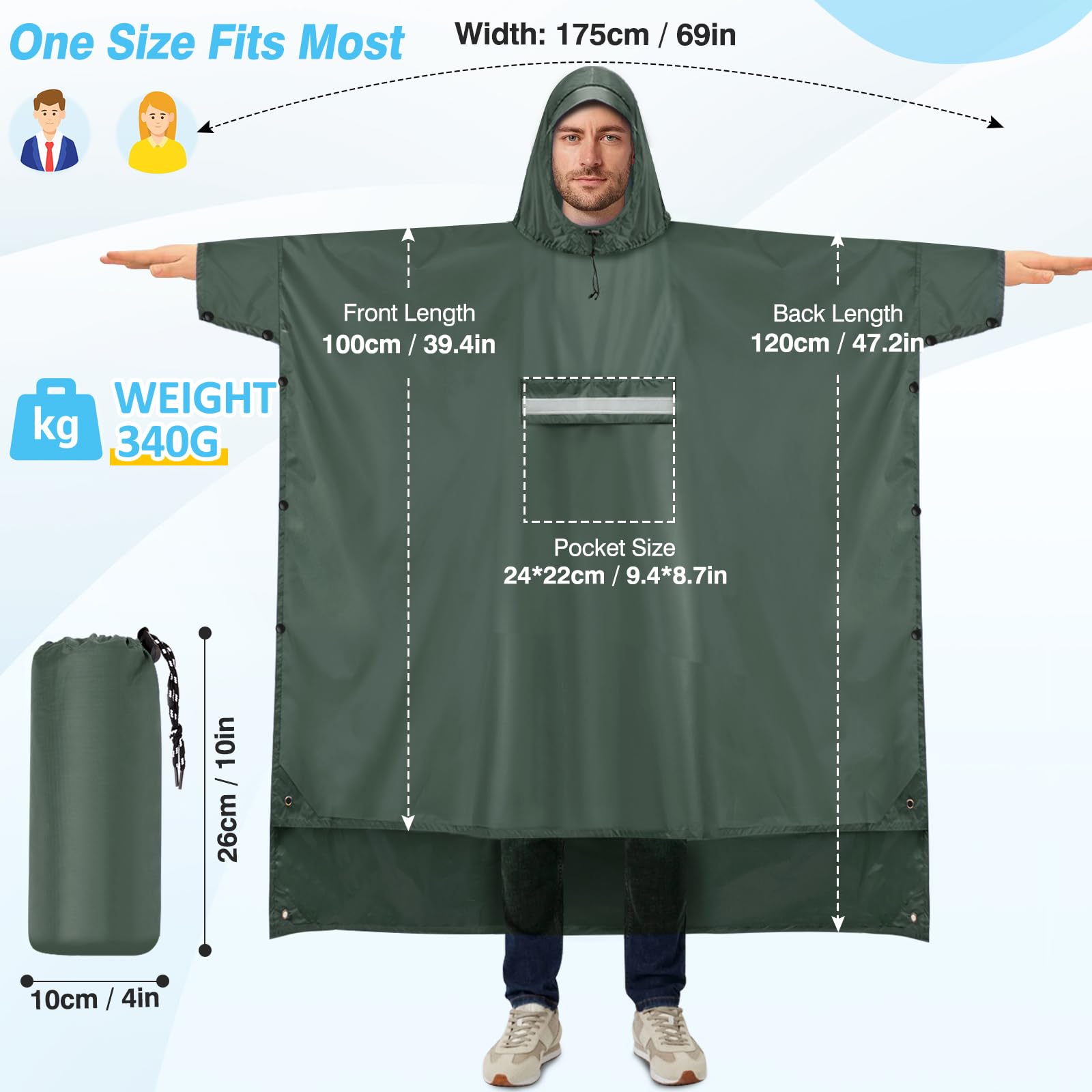 Poncho Pluie Imperméable avec Capuche et Poche Cape de Pluie Réutilisable Poncho Légère Respirant Veste Coupe-Pluie avec Bande Réfléchissante Poncho de Pluie Unisexe pour Randonnée Camping Vélo