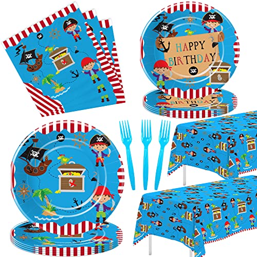 APOWBLS Pirate Birthday Party Supplies - Pirate Party Decorations Tableware For Kids, Pirate Plate, Napkin, Tablecloth, Fork, Pirate Birthday Plates And Napkins Party Decorations Dinnerware | Serve 24