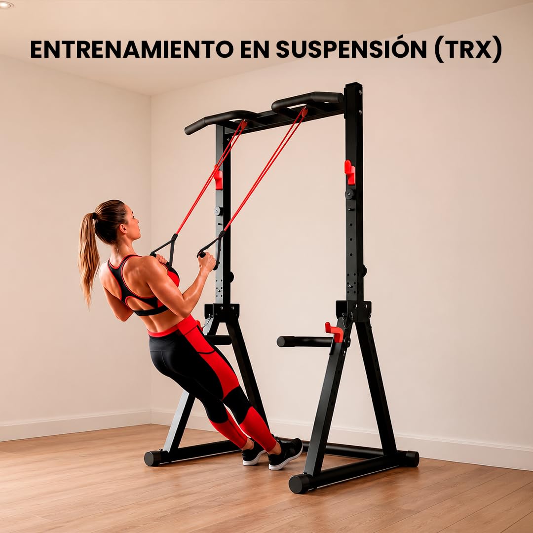 Maniboom Estación de Dominadas Plegable (200kg) - Rack Dominadas y Soporte para Barras Ajustable (175-225cm) - Pull Up Station Multifunción con Agarres para Fondos y Cuerdas TRX