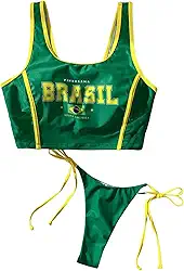 Conjunto de biquíni feminino com bandeira do Brasil, 2 peças, micro cropped com tanga