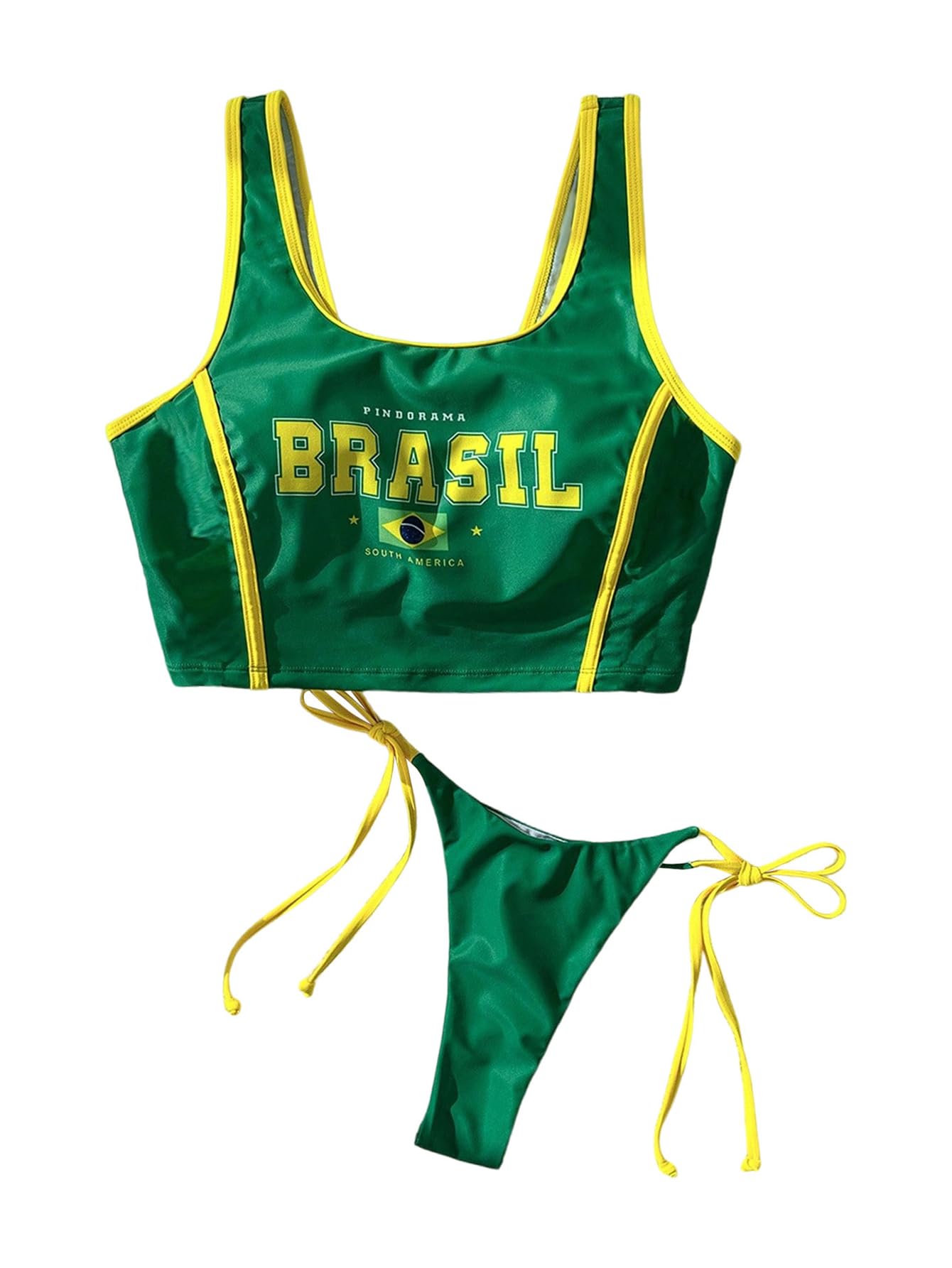 Verdusa Womens 2 Piece Brazil Flag Bikini Set Micro Crop Tank Tops with Thong Bathing Suits