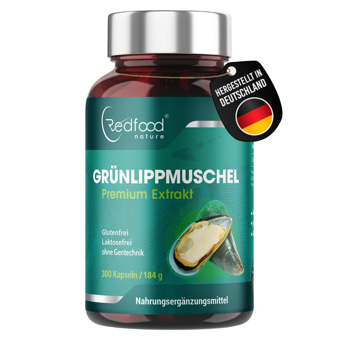 GRÜNLIPPMUSCHEL PREMIUM KAPSELN 1500 MG GRÜNLIPPMUSCHELPULVER PRO PORTION HOCHDOSIERT XXL DOSE 300 KAPSELN 5-3 MONATSVORRAT OHNE MAGNESIUMSTEARATE MADE IN GERMANY VON REDFOOD