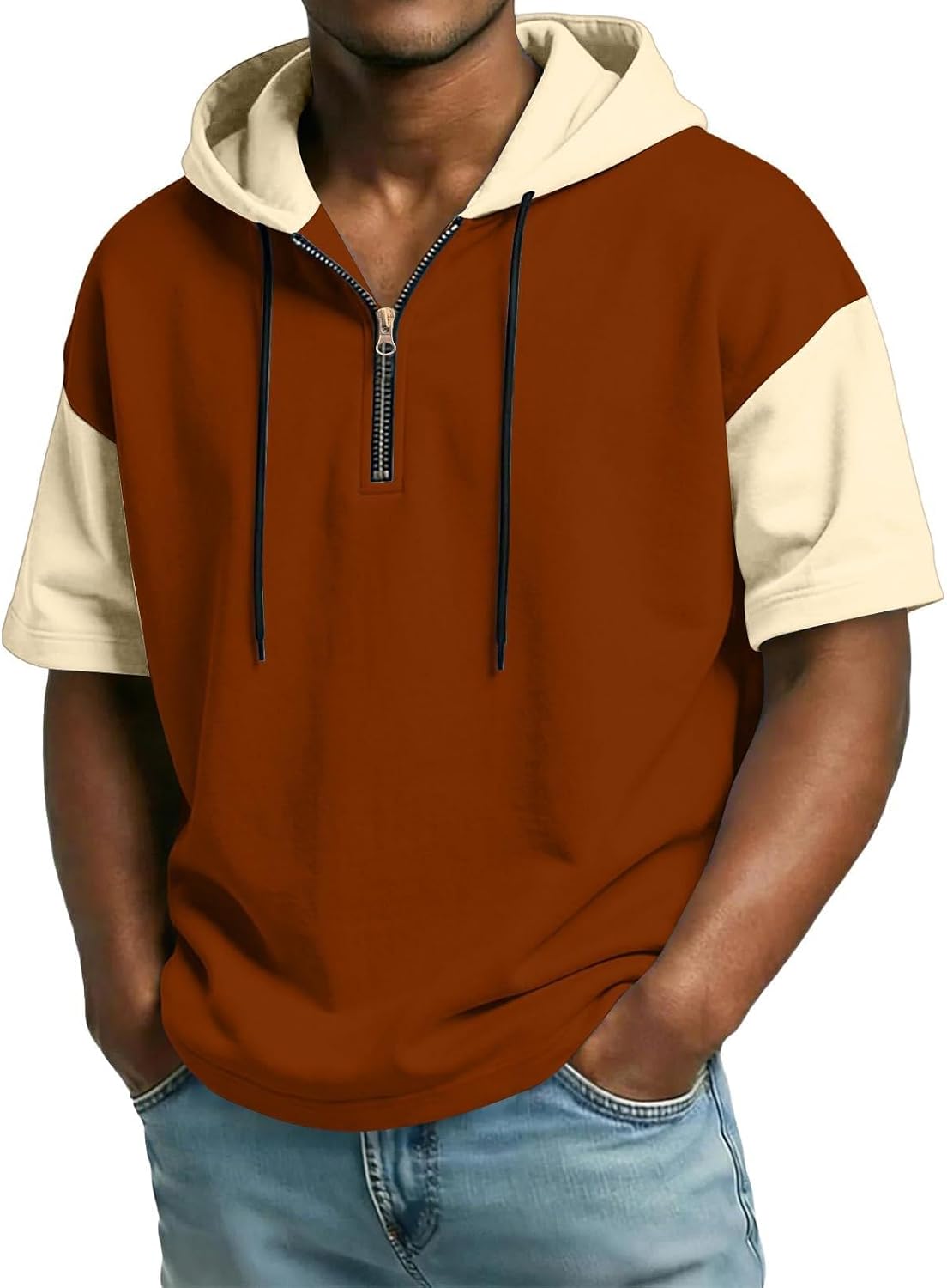 Men Workout Shirt with Hoodie Short Sleeve Athletic Pullover Summer Lightweight Quarter Zipper Hooded Tee Tops