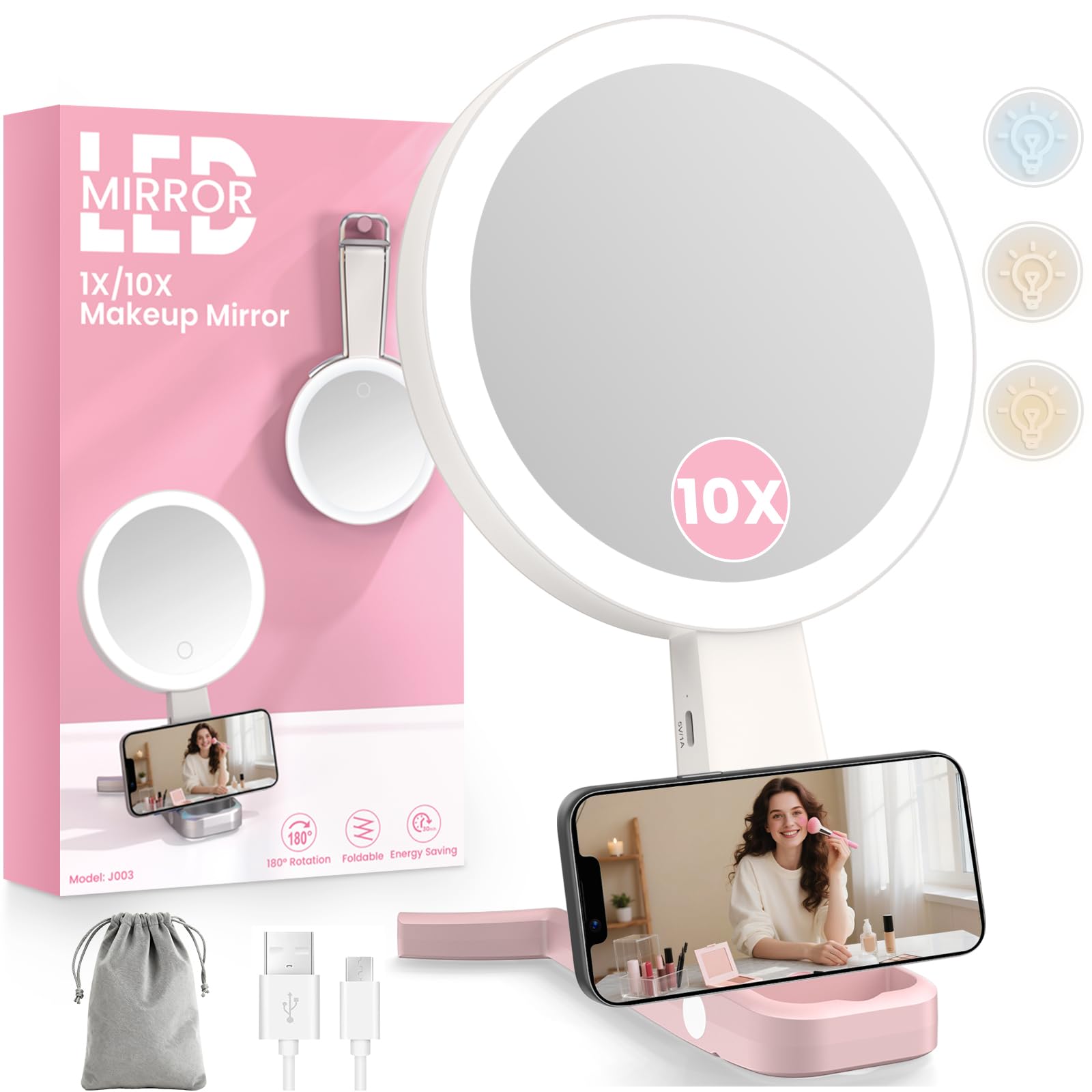 FZIFZI Magnifying Mirror with Light, 10X/1X Double-sided Lighted Make Up Mirror with Lighting & 3 Color Modes, Foldable Rechargeable Cosmetic Travel Mirrors 3 in 1 Tabletop Handheld Hanging