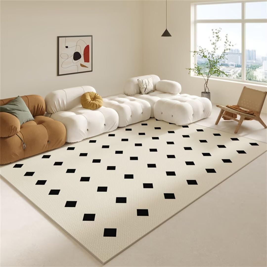 Grand tapis de salon durable à motif carré noir et blanc au design épuré