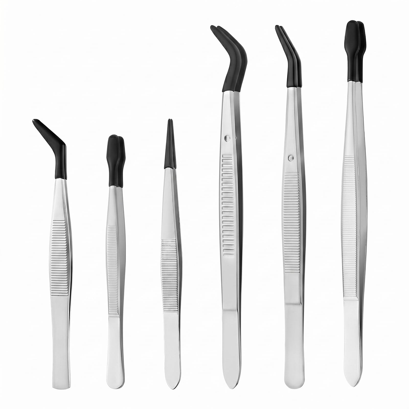 Rubber Tip Tweezers Set, 6pcs Stainless Steel Long Precision Tweezers with Rubber Tips, Flat Bent Pointed Tip for Crafting Jewelry Eyelash Tool Applicator Industrial Sticker Long Tweezers