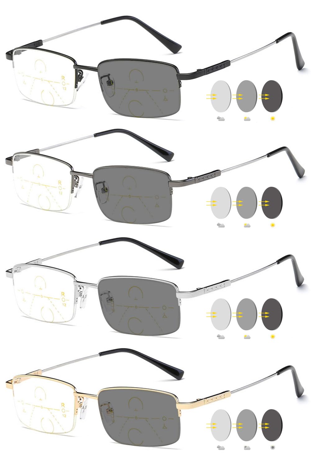 VEVESMUNDO Selbsttönende Lesebrille Blaulichtfilter Metall Halbrand Gleitsichtbrille Gleitsicht Sehhilfe Lesehilfe Brillen für Herren Damen