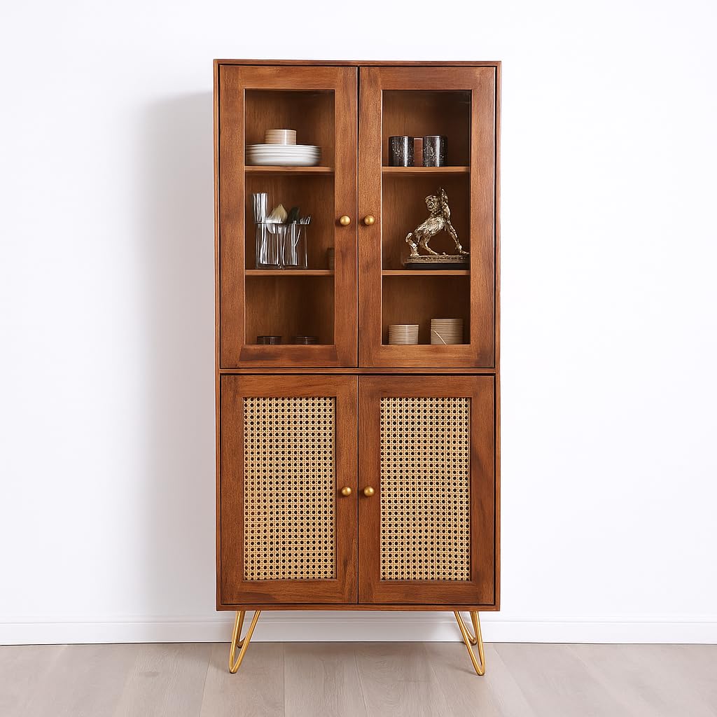 Suryavanshi Solid Sheesham Wooden Crockery Cabinet with Glass Door & Ratan Cane Work Door | Wooden Showcase Almirah | Book Shelf Crockery Unit for Home & Kitchen Living Room (Natural Finish)-picture-12