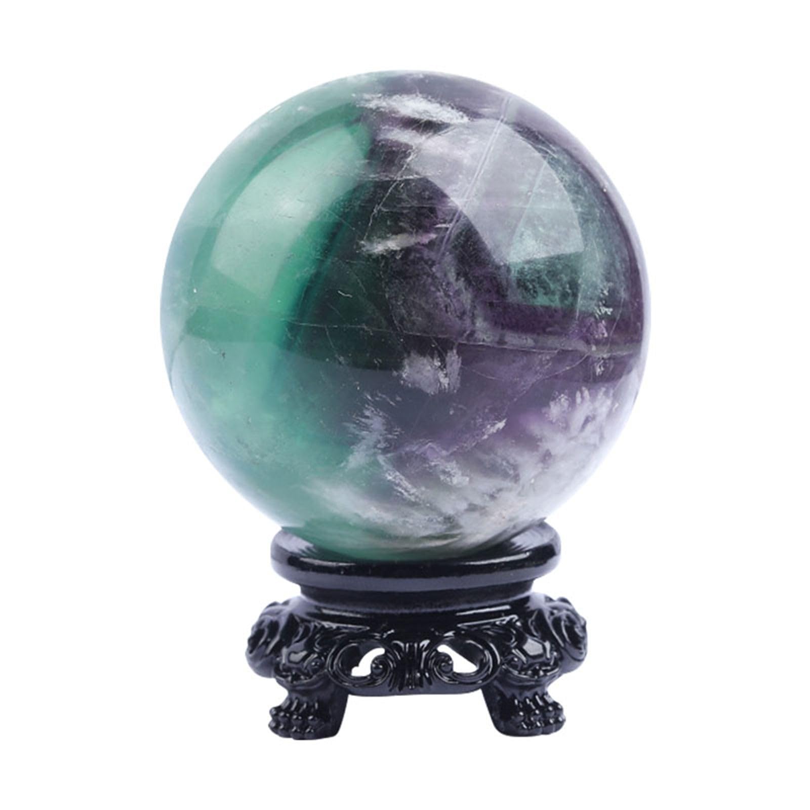 CAOQAO Natural Fluorite Crystal Ball Green Purple Quartz Gemstone Ball 55mm with Base for Fengshui Meditation, Divination, Home Decoration, Jellyfish Aquarium (Black, One Size)