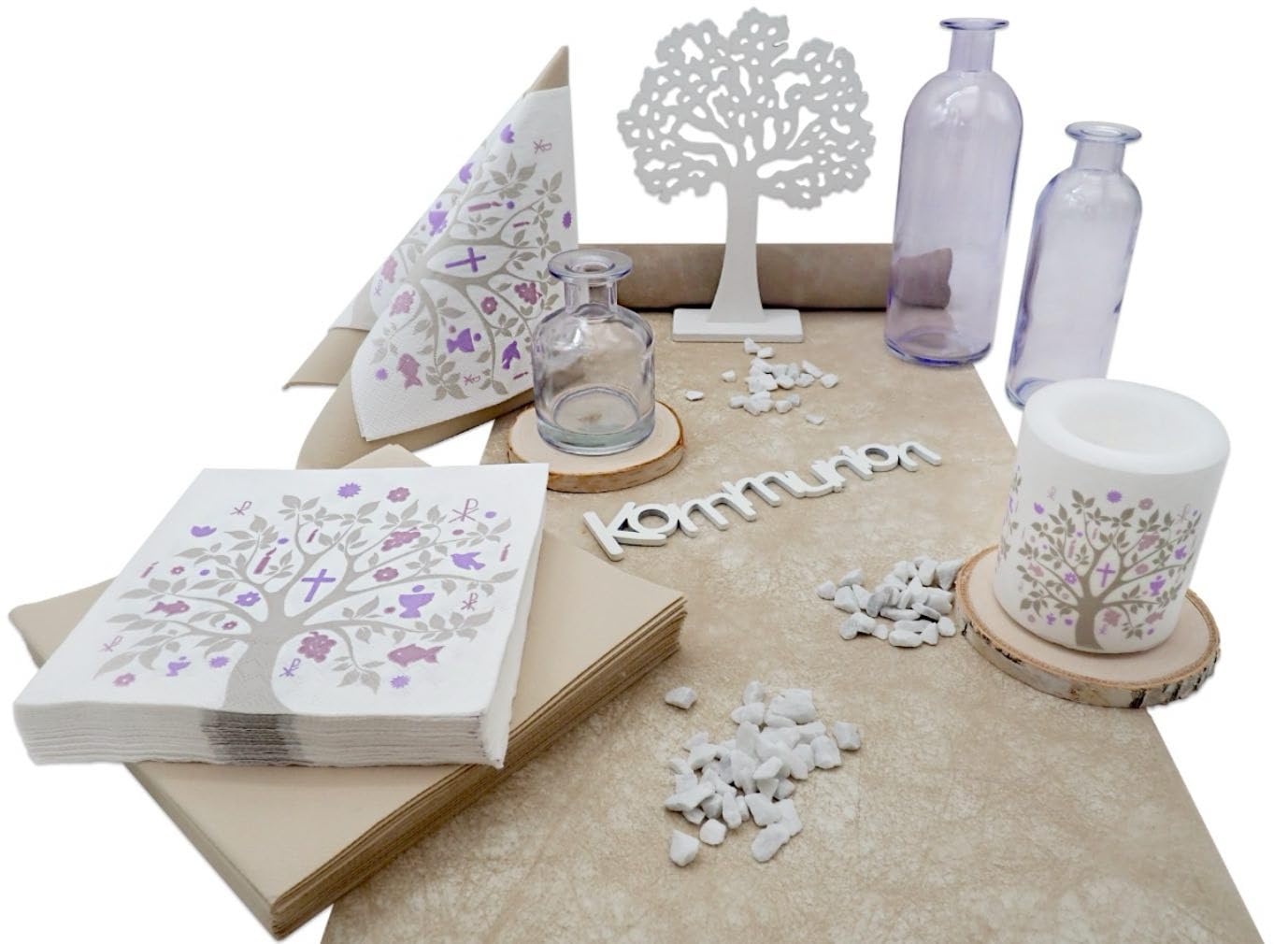 ZauberDeko Tischdeko,Baum des Lebens' in Beige & Lila Flieder - komplettes Deko Set für Kommunion Konfirmation