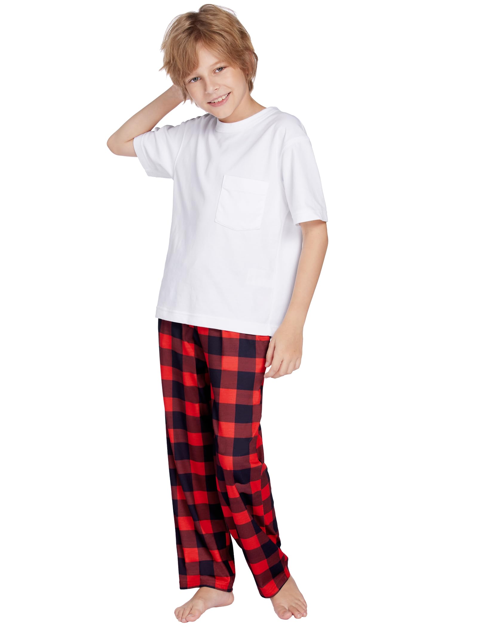 Arshiner Jungen Schlafanzughose Lang Elastische Taille Pyjamahose Kinder Kariert Freizeithose mit 2 Taschen Schlafanzüghosen 5-14 Jahre