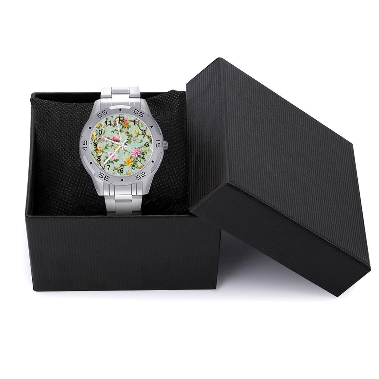 Grüne Blumen Herren Quarzuhr Trendy Edelstahlbänder Leicht Ablesen Minimalistische Armbanduhren Business Daily