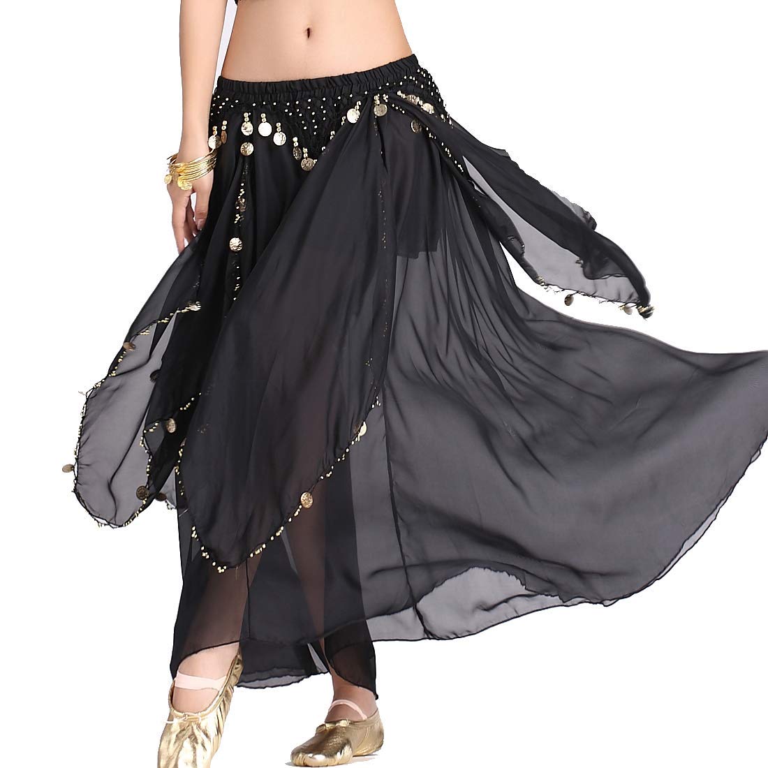 The Dance Bible Women Chiffon Belly Dance Skirt with Gold Coin Work (Light Pink)