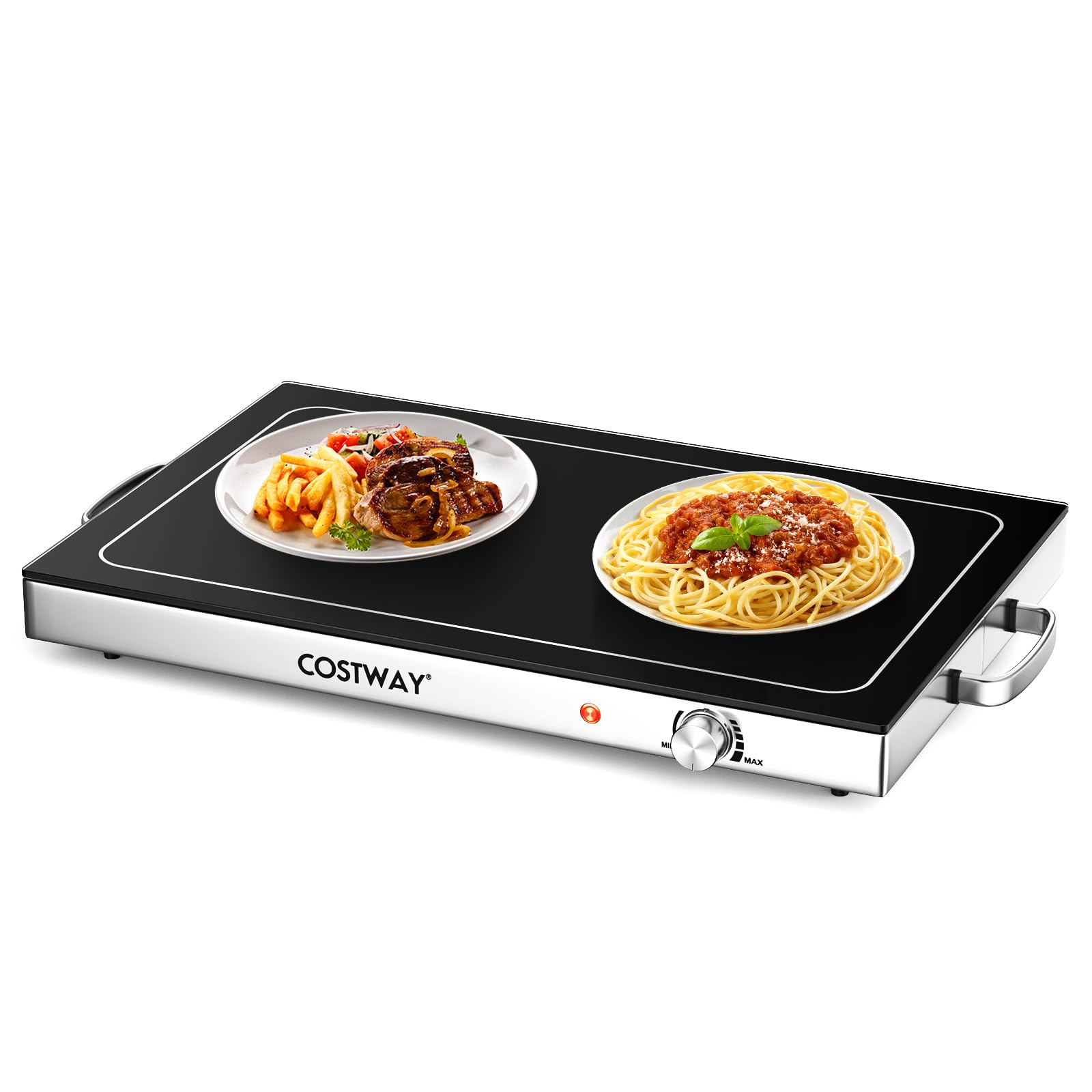 GOPLUS Bandeja de Calentamiento para Comida, Bandeja Eléctrica Calentadora con Control de Temperatura Ajustable, Superficie de Vidrio Templado Resistente al Calor, Bandeja Calentadora