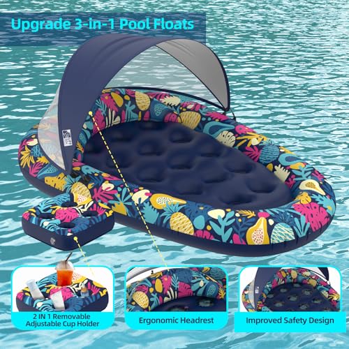 Image of Sunikko X 3-in-1 Pool Floats with Canopy Cup Holder, Tanning Pool Large 73 inch x 48 inch Float Adult Heavy Duty, Inflatable Lounger Raft Floating Chair with Backrest, Swimming Pool Lake Beach Party