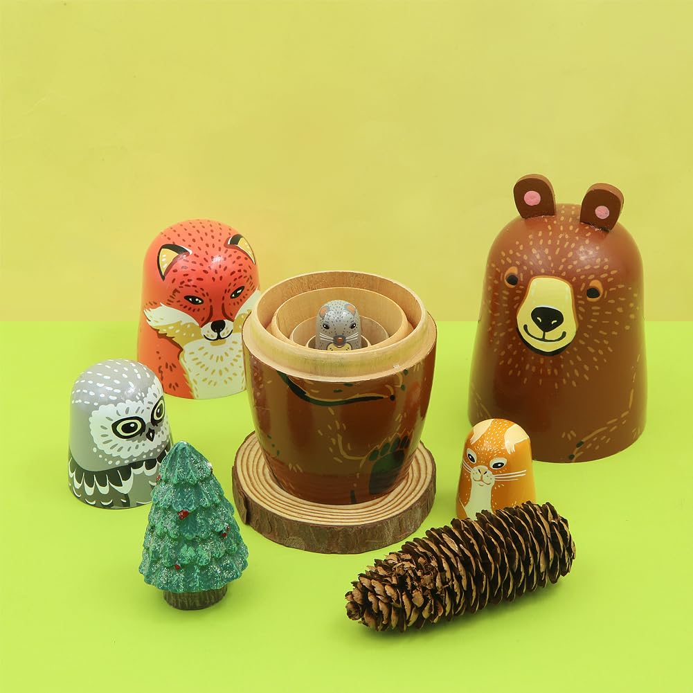 Lot de 5 poupées gigognes en Bois à thème Animal Mignon, Ours Renard Hibou Lapin Souris Jolie poupée Russe matriochka Jouet empilable pour Enfant Noël fête d'anniversaire décoration de la Maison