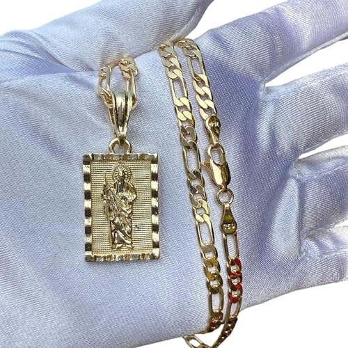 Religious Saint Jude Medal Pendant Necklace, 22 Inch Gold Plated Chain, 1.5 Inch Charm for him or her Cadena San Judas Tadeo Oro Laminado Para el o Ella