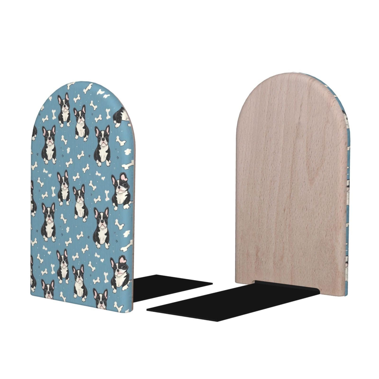 Cute French BulldogPrint BookEnds 1 Pair, Decorative Bookends for Heavy Books, Wood Book Ends for Shelves, Book Organizer for Home Desk Office Supplies