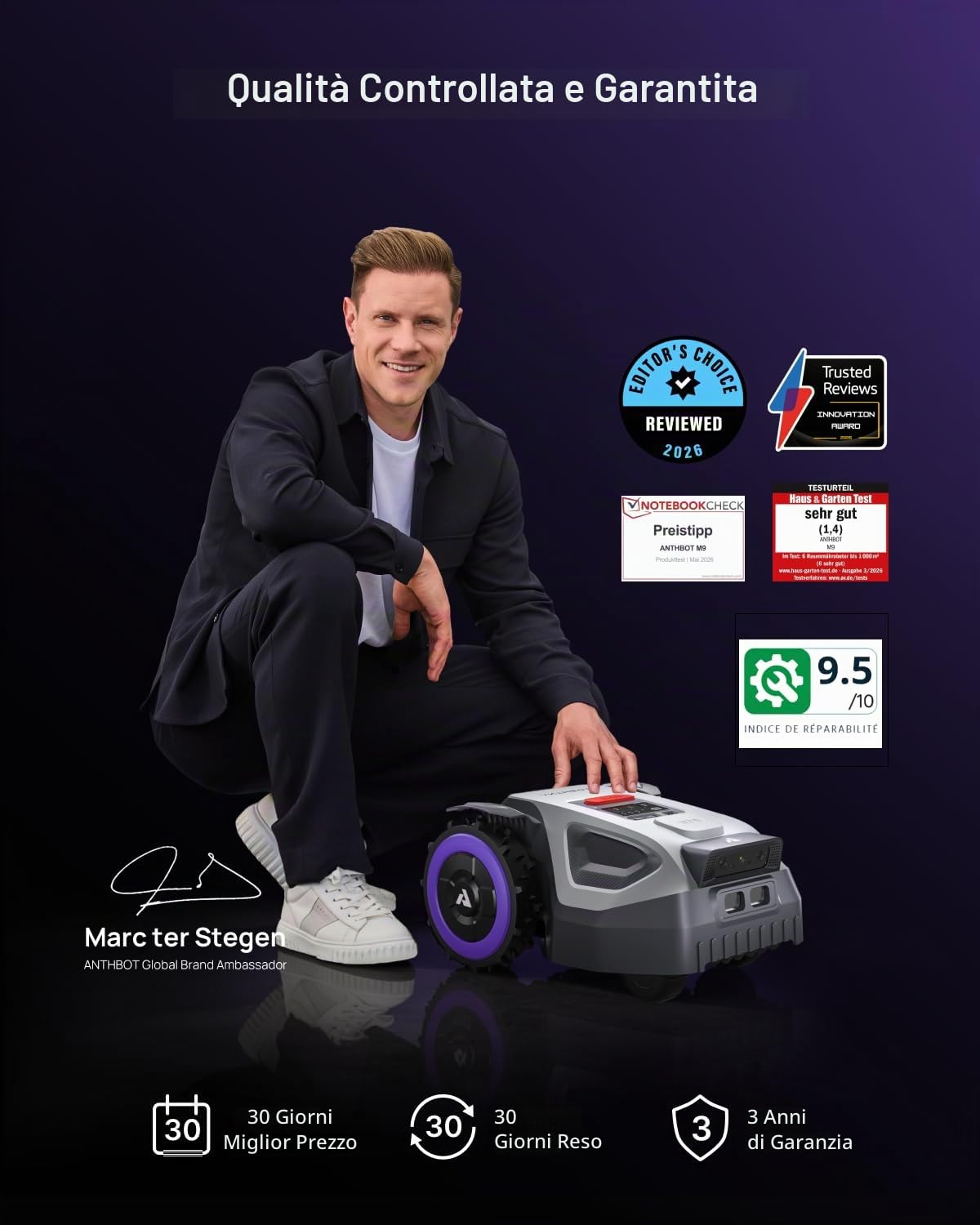 ANTHBOT M9 Robot Tosaerba Senza Fili con Sistema Perimetrale - 1000 m², NetRTK, 4G, Doppia Fotocamera, Sistema di Rilevamento Ostacoli Basato su IA, Mappatura Automatica Multizona, con Garage