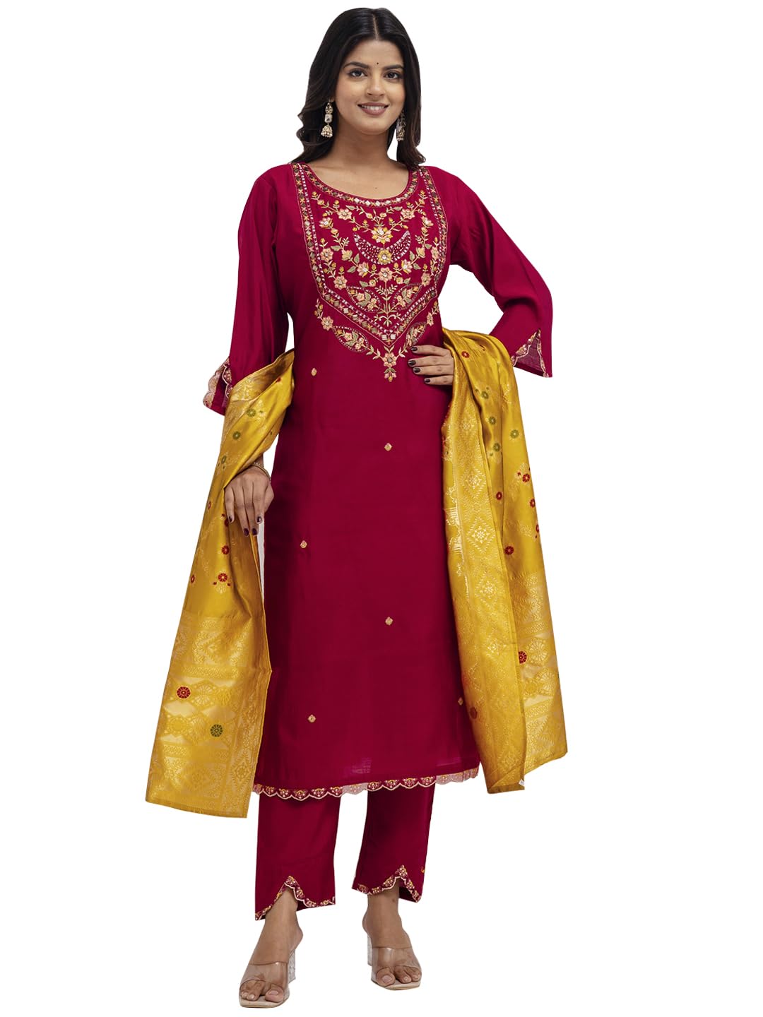 VredeVogel Women's Viscose Silk Embroidery Kurta with Pant & Jacquard Dupatta Set | Kurta Set for Women Occasions