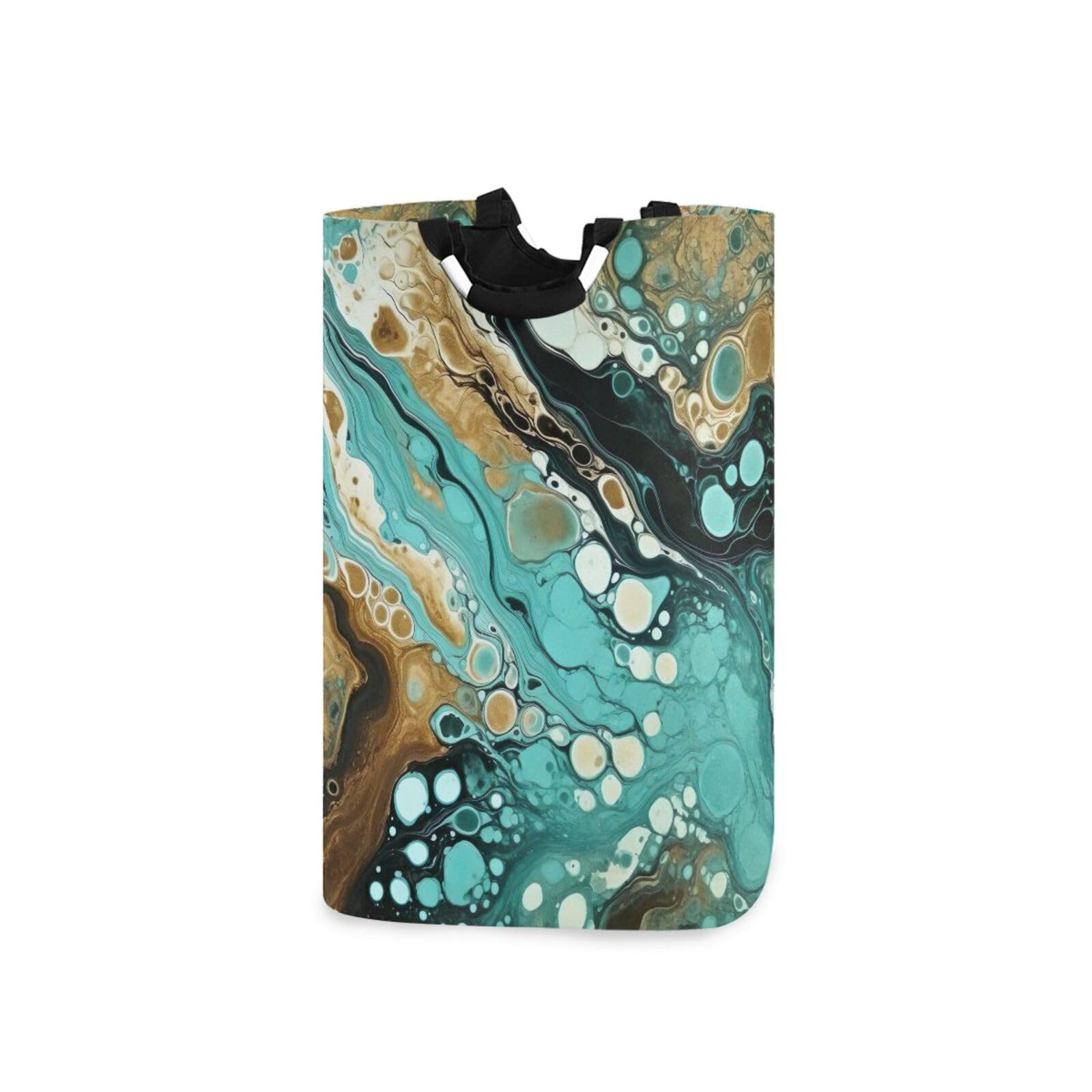 Jihqo Laundry Hamper Basket Turquoise Marble Collapsible Nursery Storage Bin Waterproof Clothing Baskets for Home Bedroom Bathroom Washing Room