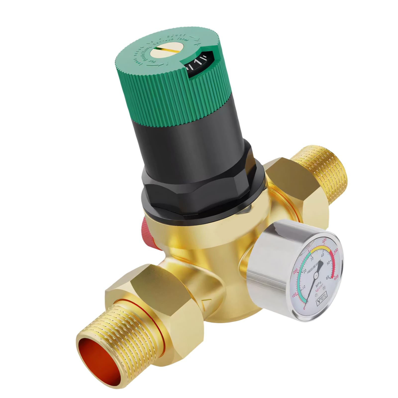 Residential Water Line Pressure Regulator with Brass Body, Gauge Reading and Top Control Knob for Pipe Systems Residential Plumbing Pressure Regulator Brass Gauge