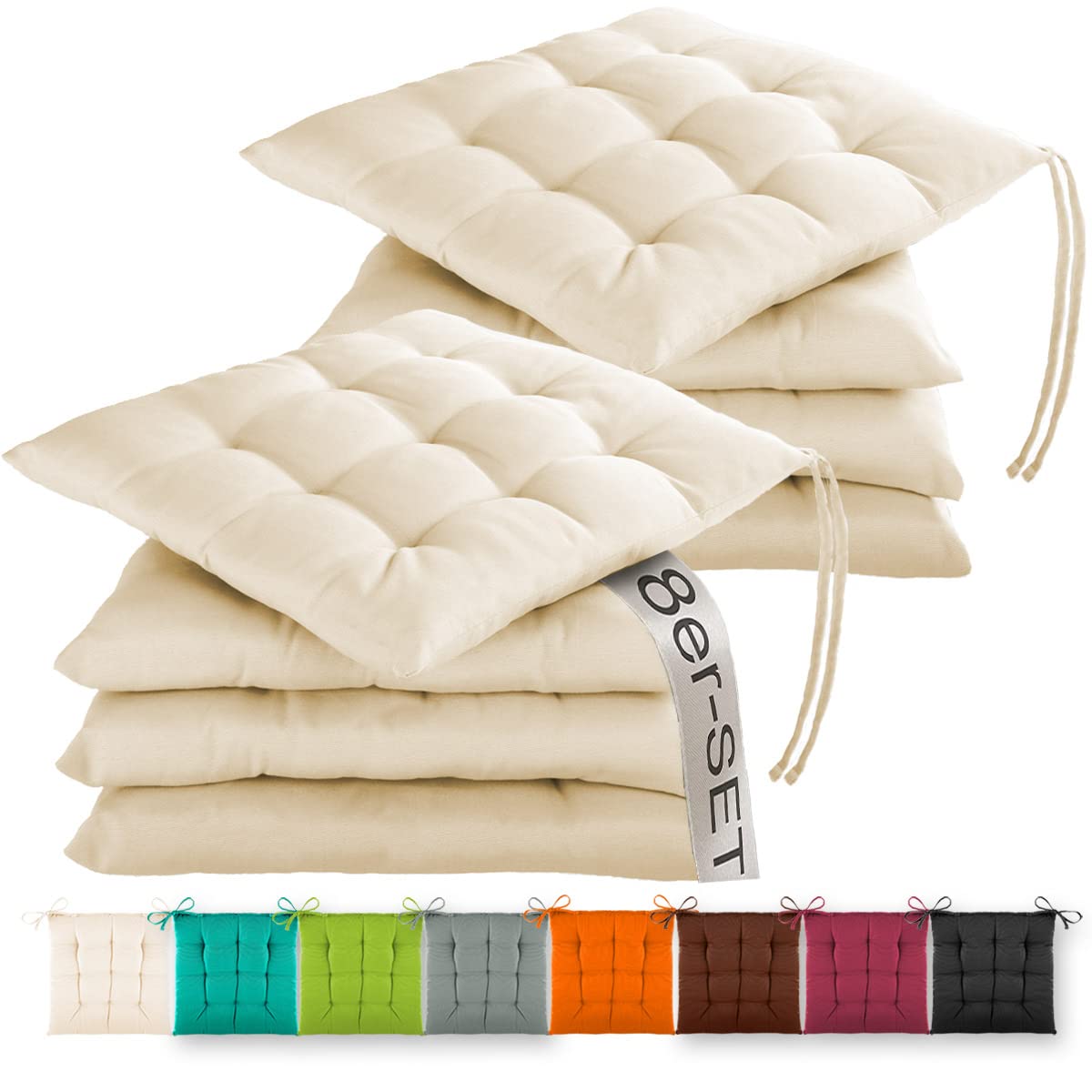 Gräfenstayn® 8er-Set Sitzkissen 40x40x3cm mit Haltebändern für Indoor und Outdoor mit Öko-Tex Siegel - (Creme)