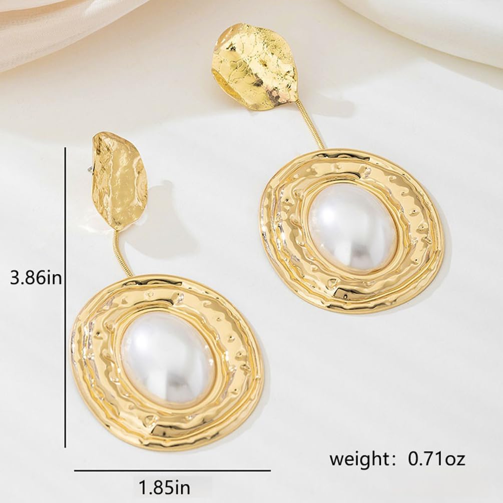 Statement Big Pearl Chunky Gold Hammered Earrings for Women Trendy Vintage Large Oval Pearls Drop Dangle Stud Earring Exaggerated Dainty Prom Ear Jewelry - Image 2