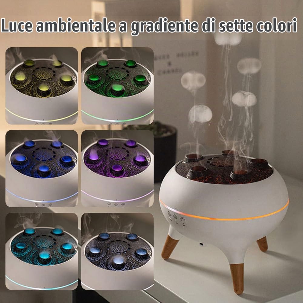 Umidificatore Vulcano, Diffusore di Aromi da 250 ml, Umidificatori Volcano di Fiamma con Nebbia di Medusa, Timer 4 h/8 h, 2 Modalità di Nebbia con Luci LED Colorate e Telecomando per Casa Ufficio