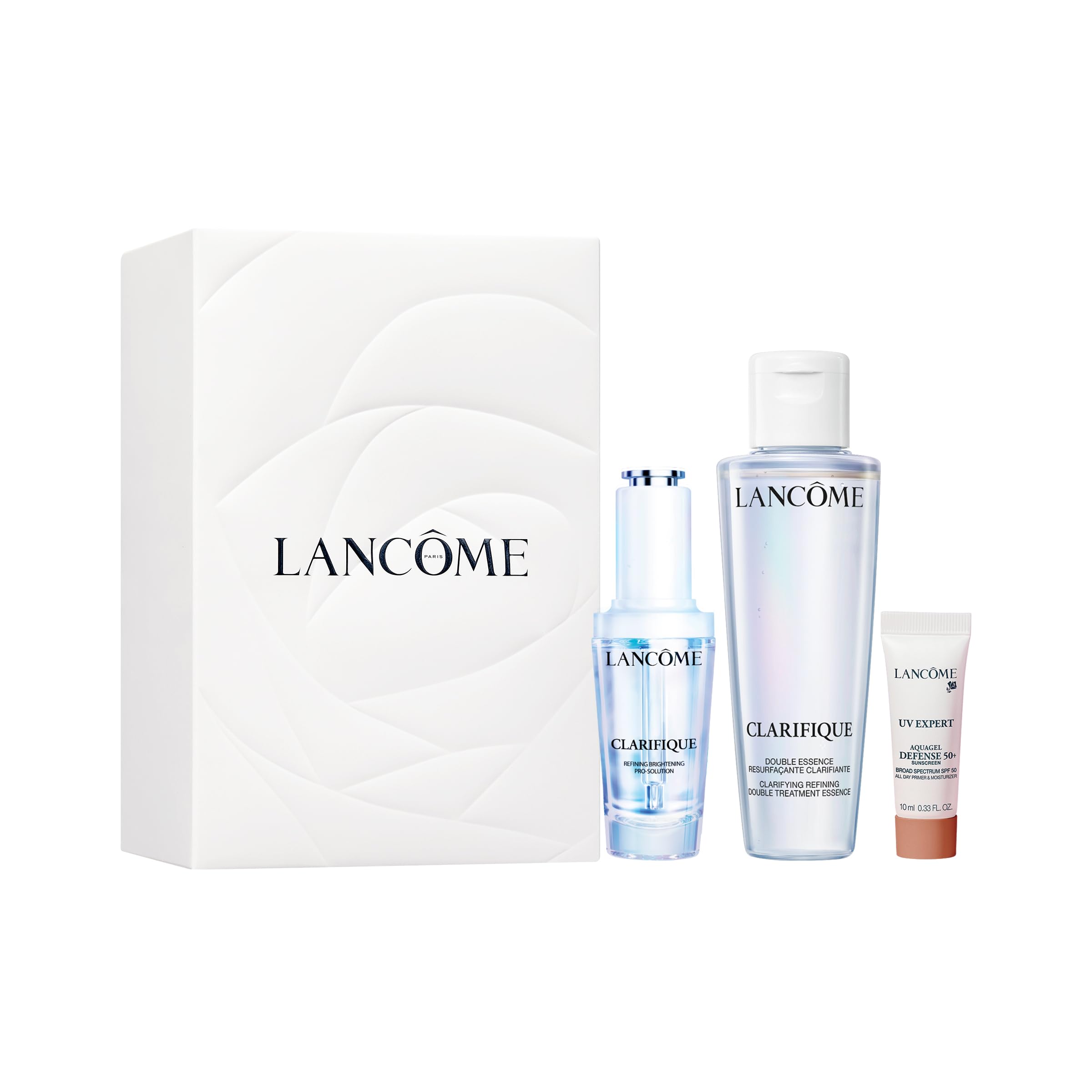 Clarifique Brightening Routine Discovery Set - Mini Clarifique Double Treatment Essence 1.7 Fl Oz, Full-Size Clarifique Pro-Solution Serum 1.0 Fl Oz, Mini UV Expert Defense SPF 50+ 0.33 Fl Oz