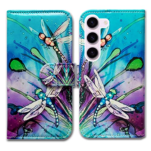Bcov Galaxy S23 Case, Cute Dragonfly Leather Flip Phone Case Wallet Cover with Card Slot Holder Kickstand for Samsung Galaxy S23