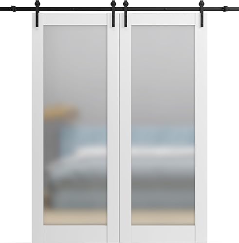 Miniatura 1 de Puertas de cristal esmerilado de doble granero de 48 x 96  Planum 2102 seda blanca  13 pies rieles perchas kit de hardware  puertas interiores de