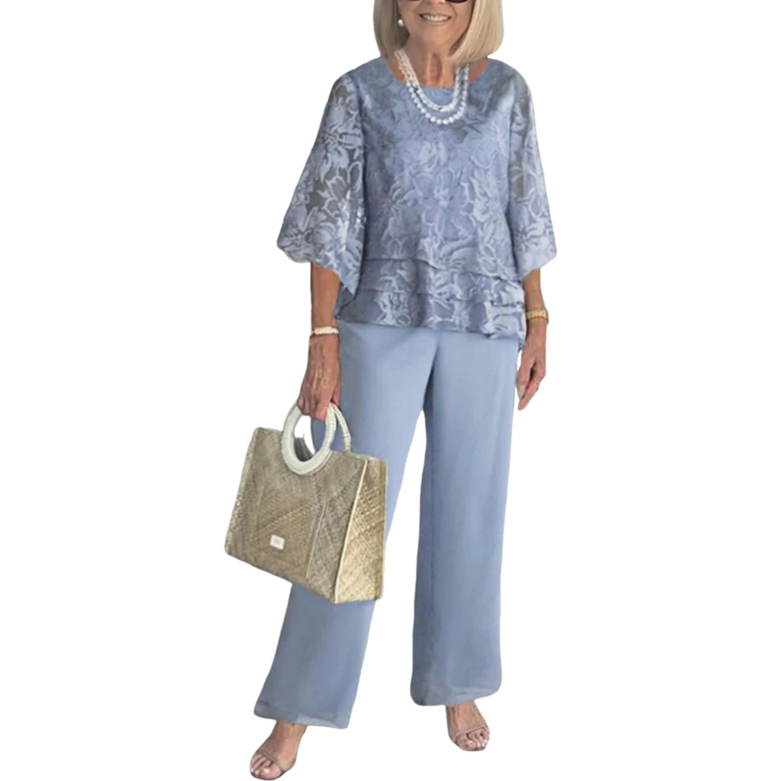 Women's 2 Piece Outfits Green 3/4 Sleeve Double Layer Top and Leaf Print Straight Leg Pants Lounge Sets 2025 Trendy